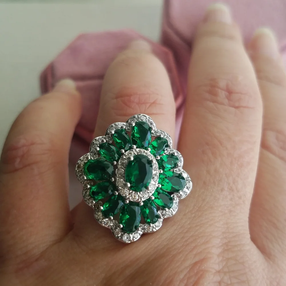 Swarovski Elements Emerald Green 925 Sterling Silver Statement Ring NEW - Picture 5 of 14